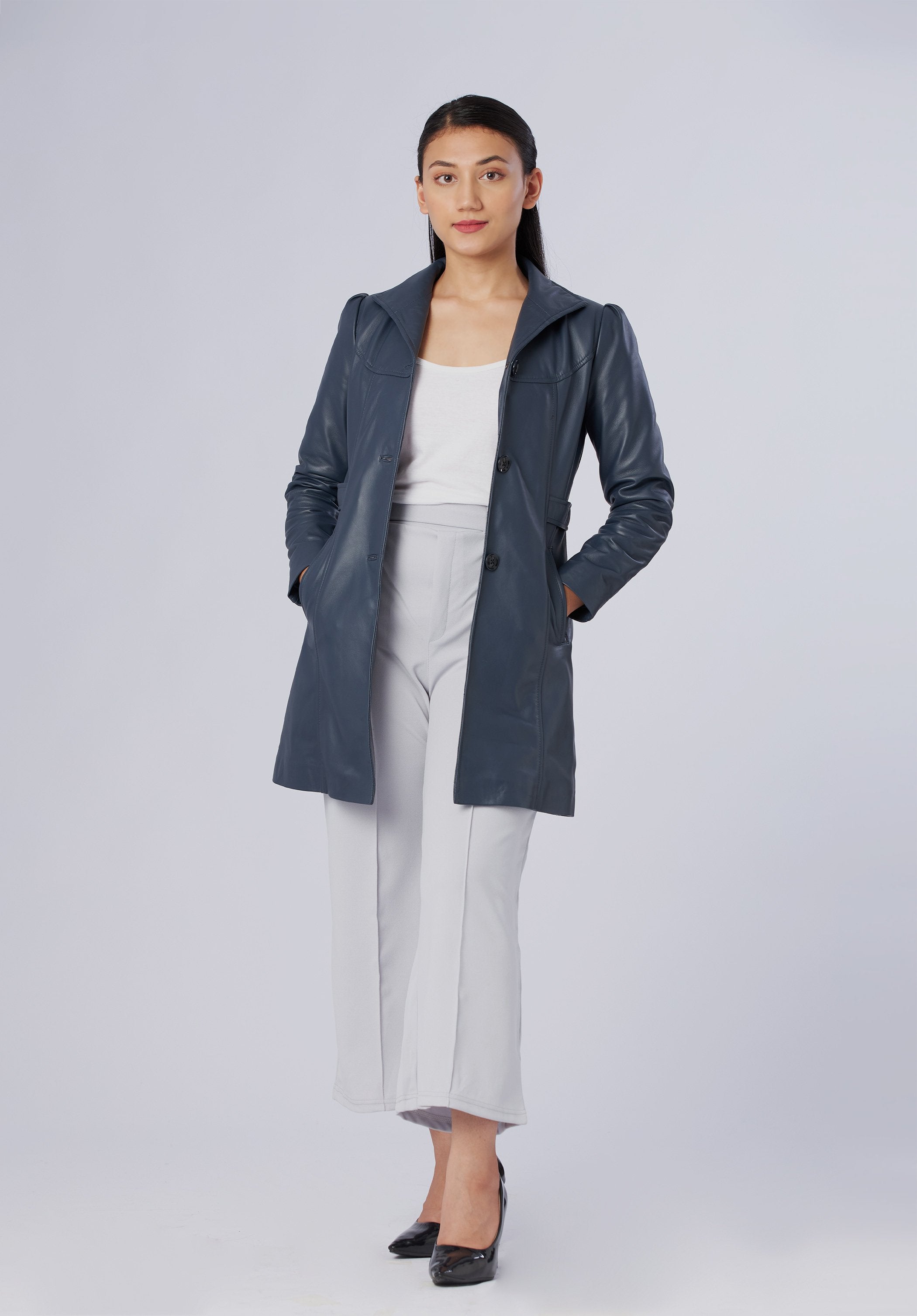 women leather long coat
















